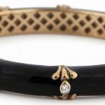 14K Yellow Gold and Sterling Silver Black Enamel Bangle with Diamonds