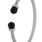 Sterling Silver Mesh Cuff Bracelet with Black Agate Tios and Cubic Zirconia