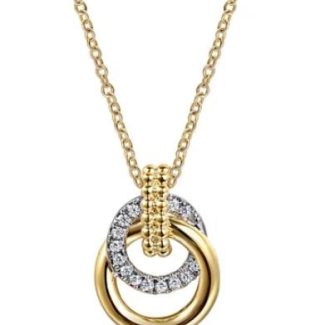 14 KARAT YELLOW AND WHITE GOLD DIAMOND DOUBLE CIRCLE NECKLACE
