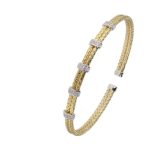 Sterling Silver, 18K Yellow Gold Plated 5 CZ Section Double Row Cuff