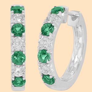 18k White Gold Diamond & Emerald Hoop Earrings