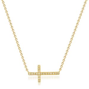 14K YELLOW GOLD DIAMOND SIDEWAYS CROSS NECKLACE